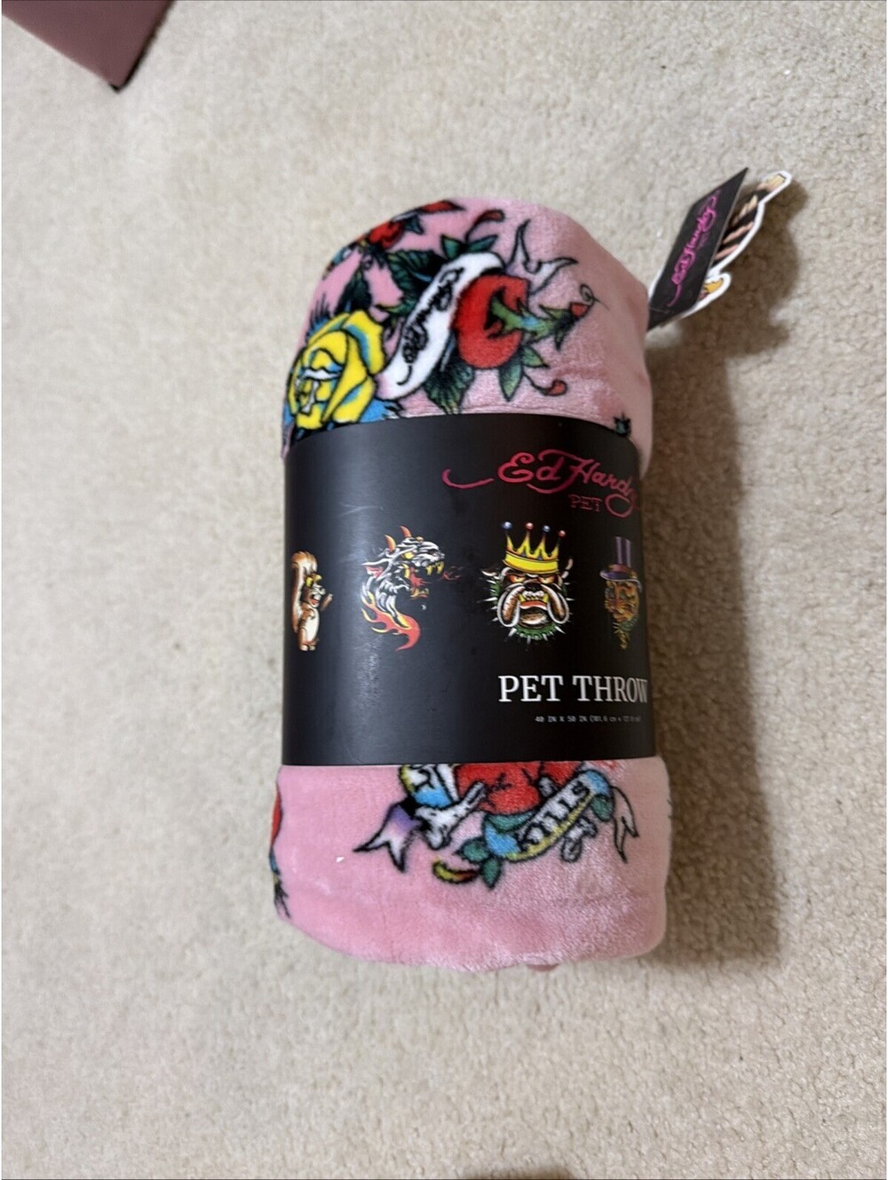 Ed Hardy Pink Dog Blanket Throw Flowers Hearts Brave Hearts Stay True 40x50 NWT